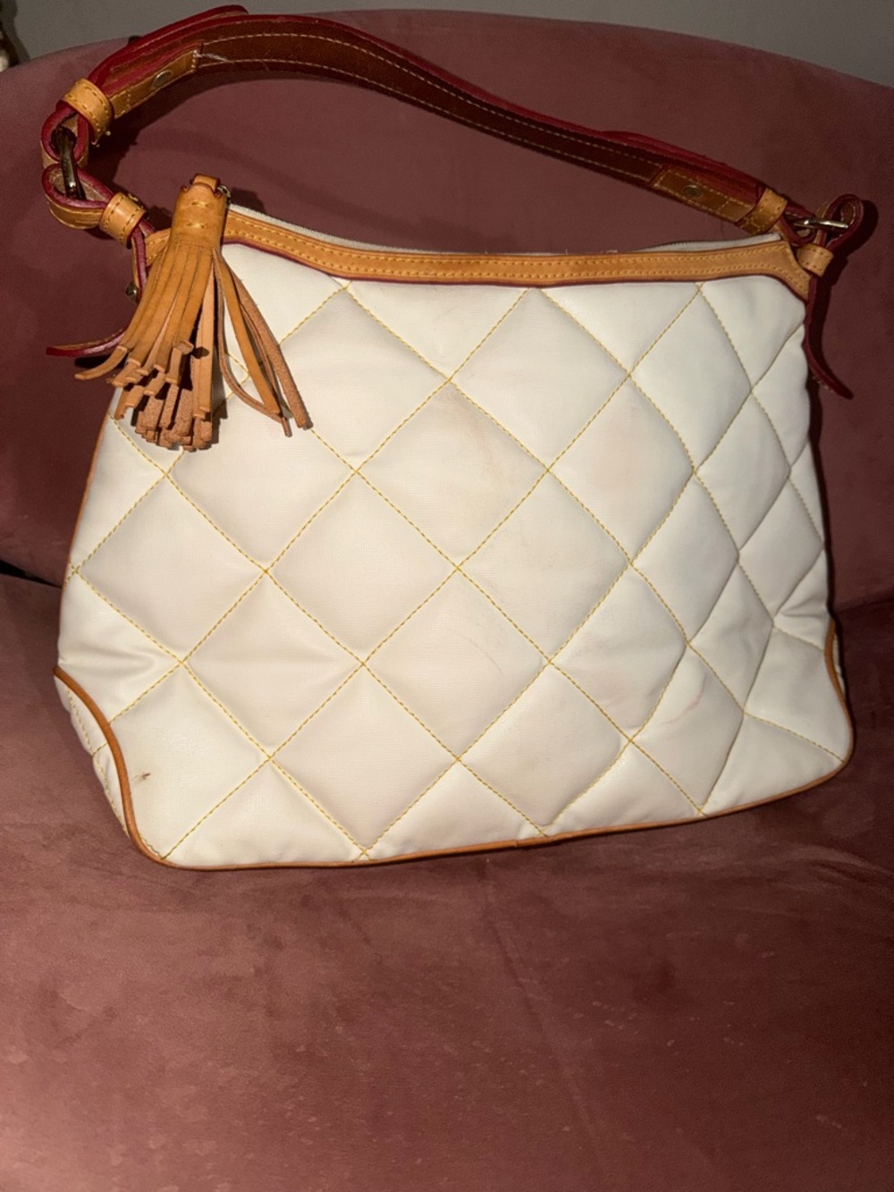 Dooney & Bourke Cream Quilted Leather Shoulder Bag with Tan Trim - Picture 2 of 12